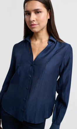 YAYA -V neck blouse with contrast collar - Outerspace blue