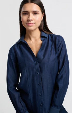 YAYA -V neck blouse with contrast collar - Outerspace blue