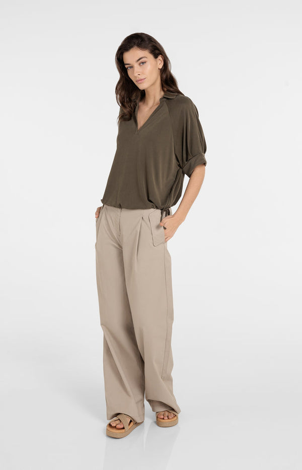 YAYA Jersey Top With Pleated Sleeves - Army Green