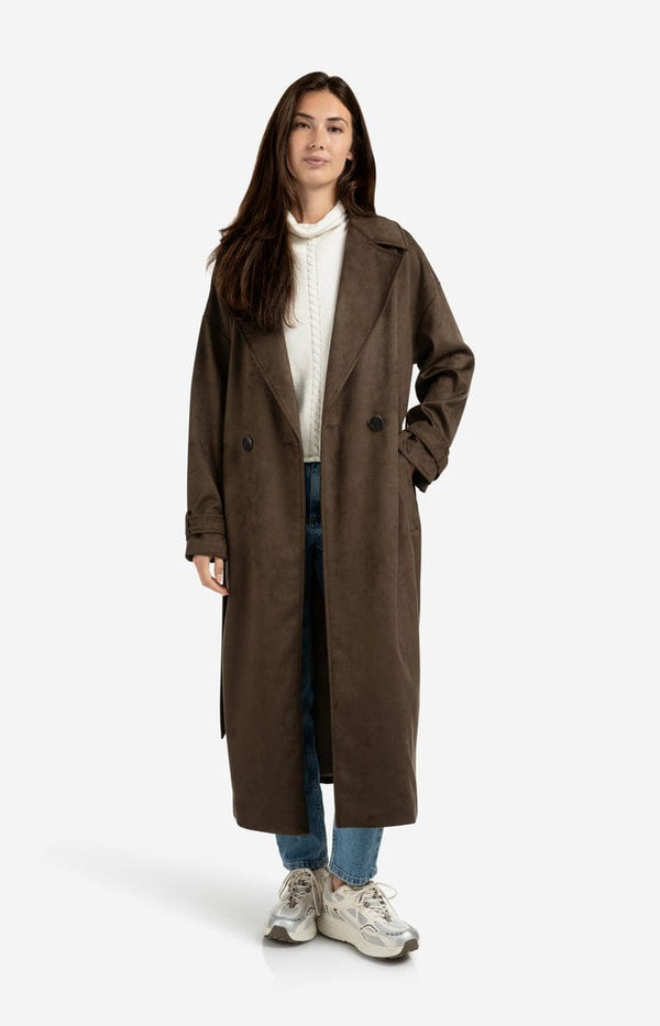 YAYA Long Lenth Oversized Suedine Coat - Brown