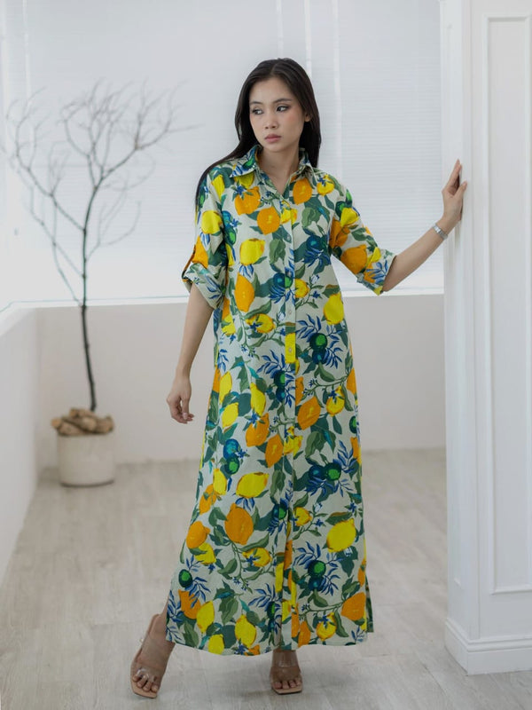 Isla Bonita Long-Sleeve Cotton Maxi Shirt Dress - Lemon Print