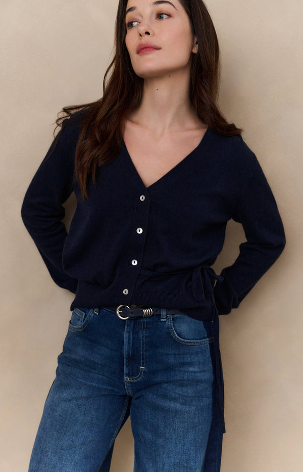 YAYA V-neck Tie Waist Cardigan - InkwellBlue
