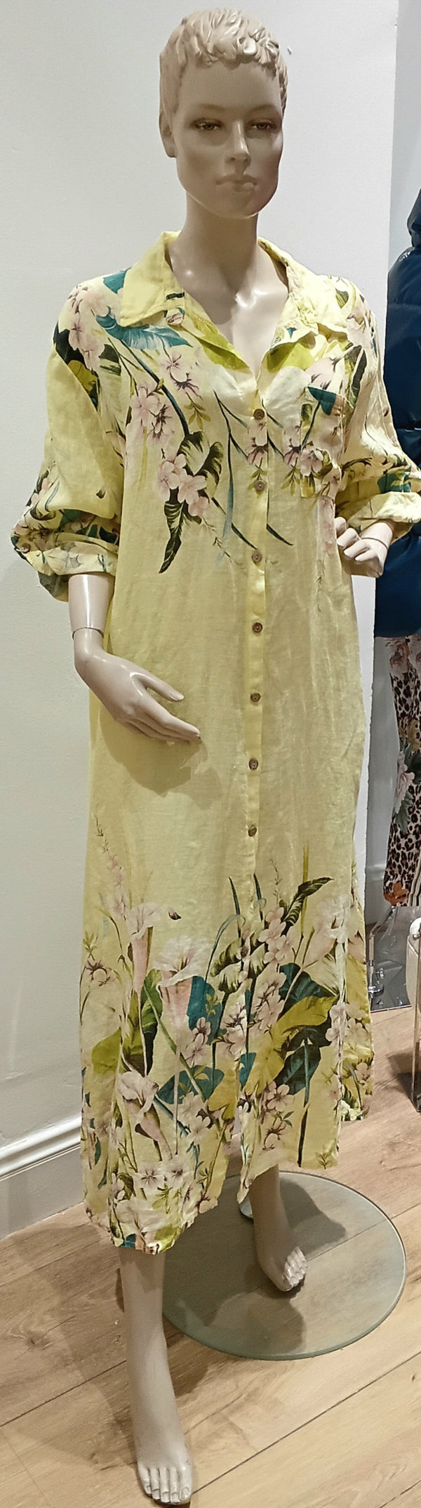 Made in Italy Linen Dress - Floral Spray Yellow