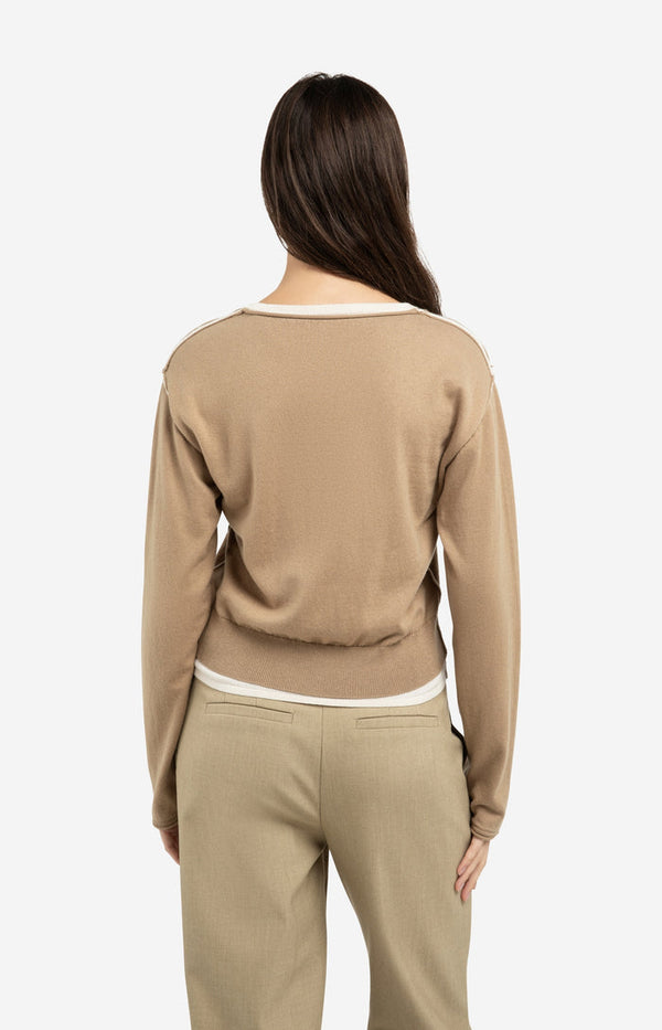 YAYA Sweater with layered look and contrast neckline - Khaki Green Dressin