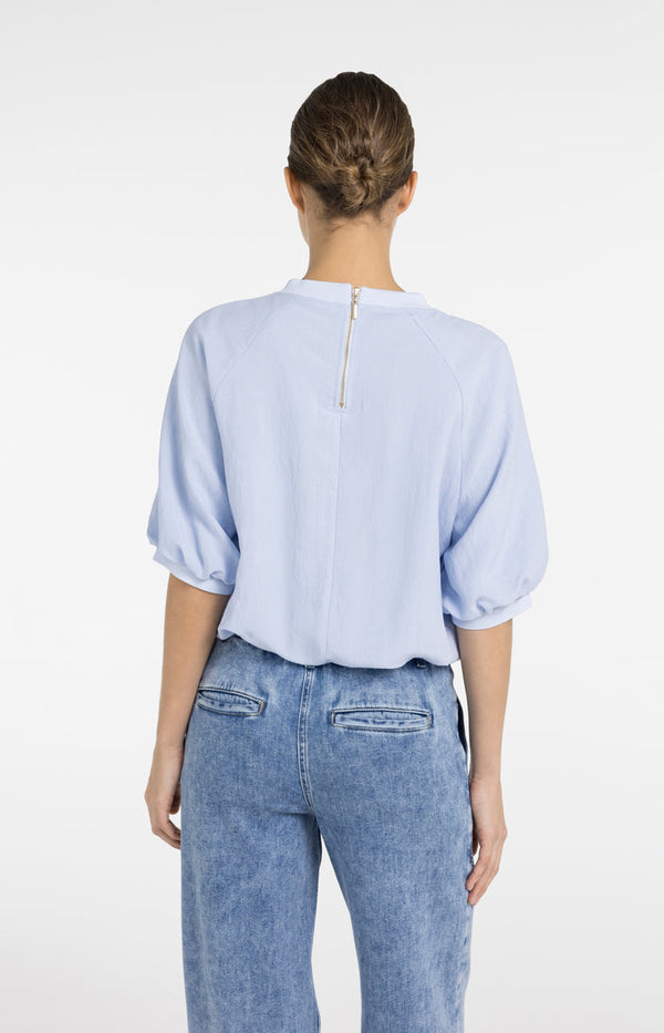 YAYA Woven T-Shirt with Balloon Sleeves and Zip - Light Blue