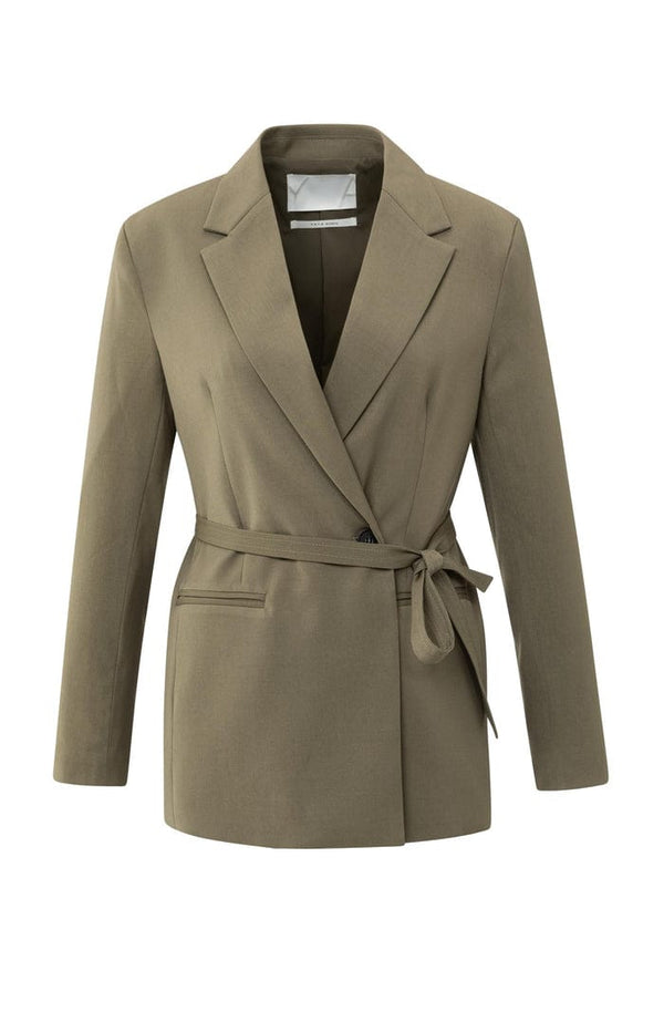 YAYA Loose Fit Blazer With Belt Detail - Caspers Brownish Green