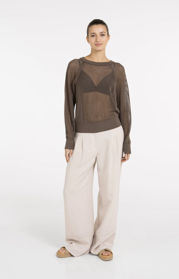 YAYA Linen blend trousers with wide legs and fringed details - Cloud Cream White