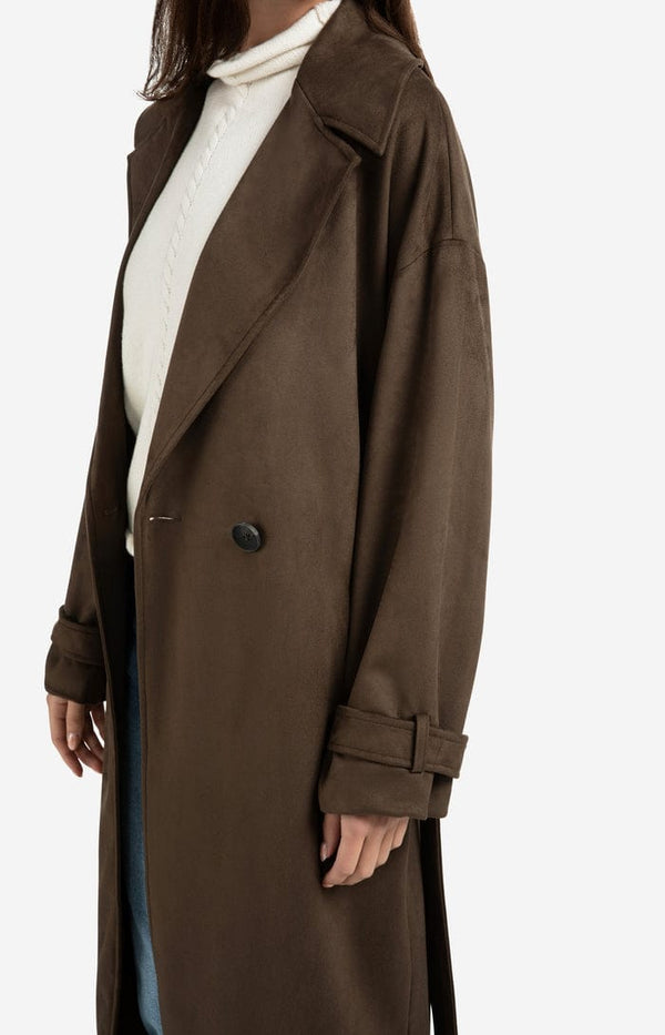 YAYA Long Lenth Oversized Suedine Coat - Brown