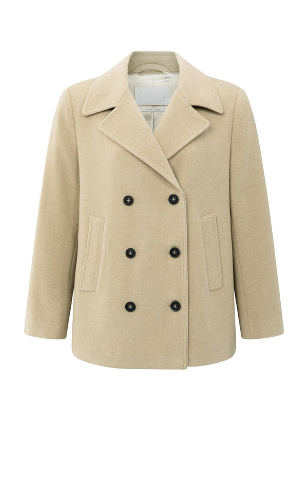 YAYA Woven Double-Breasted Coat- Greenish Sand Beige