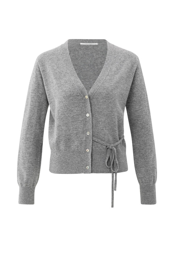 YAYA V-neck Tie Waist Cardigan-Medium Grey Melange