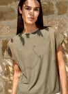 YAYA Top with Sheer Short Sleeves & Crew Neck - Army Green