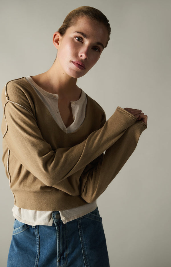 YAYA Sweater with layered look and contrast neckline - Khaki Green Dressin