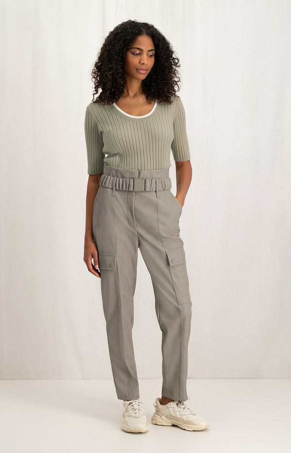 YAYA Round Neck Ribbed Sweater - Aluminium Beige