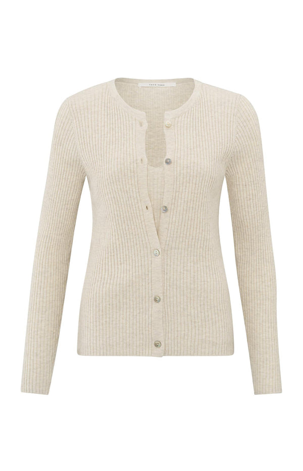 YAYA Faux Layered Ribbed Cardigan - Light Beige Melange
