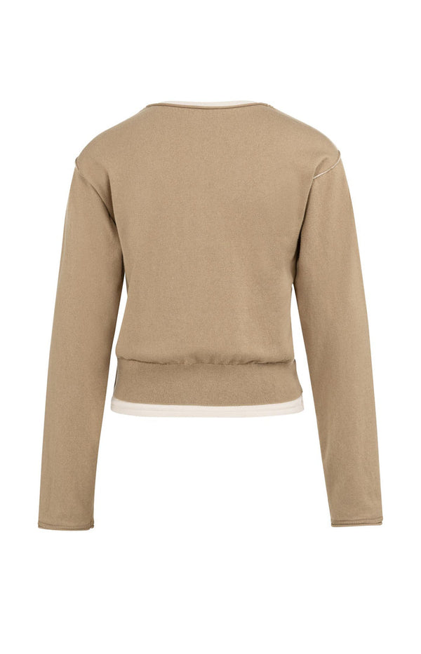 YAYA Sweater with layered look and contrast neckline - Khaki Green Dressin