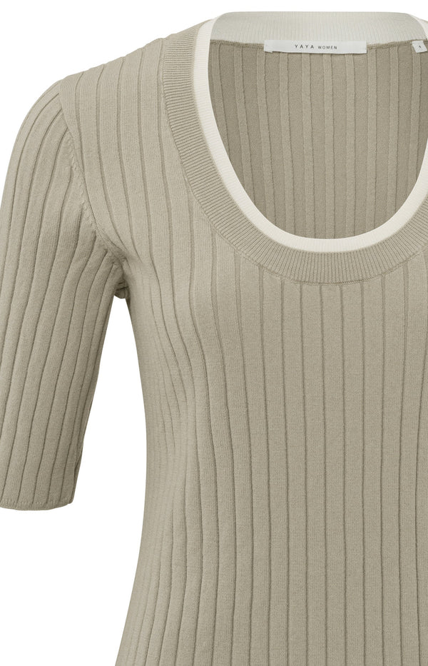 YAYA Round Neck Ribbed Sweater - Aluminium Beige
