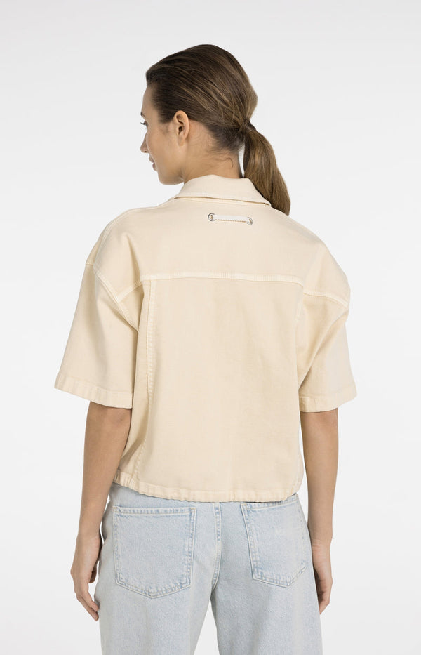 YAYA Oversized Denim Jacket with Short Sleeves -Warm Beige