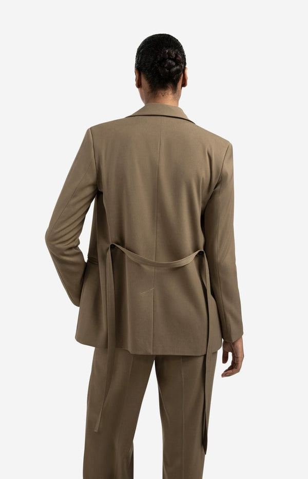 YAYA Loose Fit Blazer With Belt Detail - Caspers Brownish Green