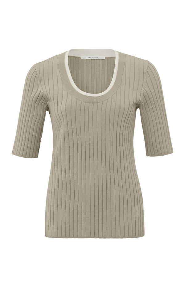 YAYA Round Neck Ribbed Sweater - Aluminium Beige