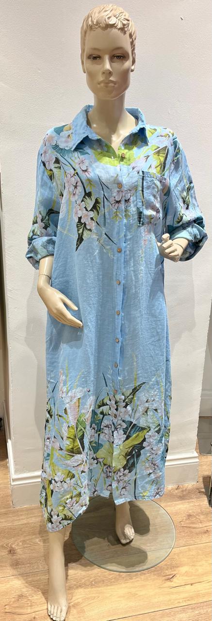 Made in Italy Linen Dress - Floral Spray Blue