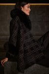 Joseph Ribkoff Jacquard Sweater Knit Faux Fur Accents Cape - Black/Gold