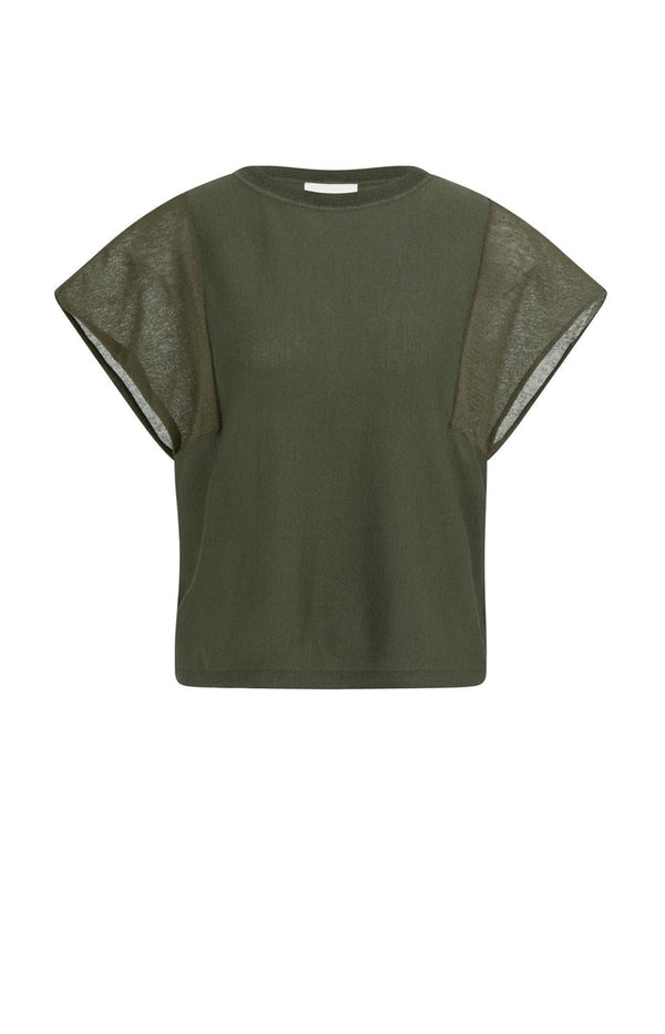 YAYA Top with Sheer Short Sleeves & Crew Neck - Army Green