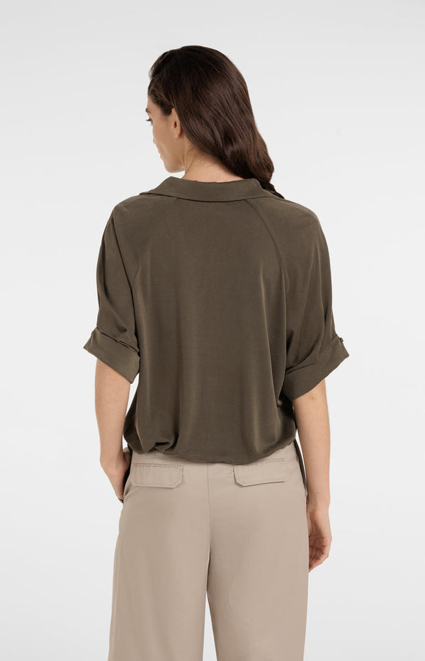 YAYA Jersey Top With Pleated Sleeves - Army Green