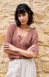 YAYA Batwing Cardigan with Short Sleeves & Button Closure - Burlwood Pink Melange