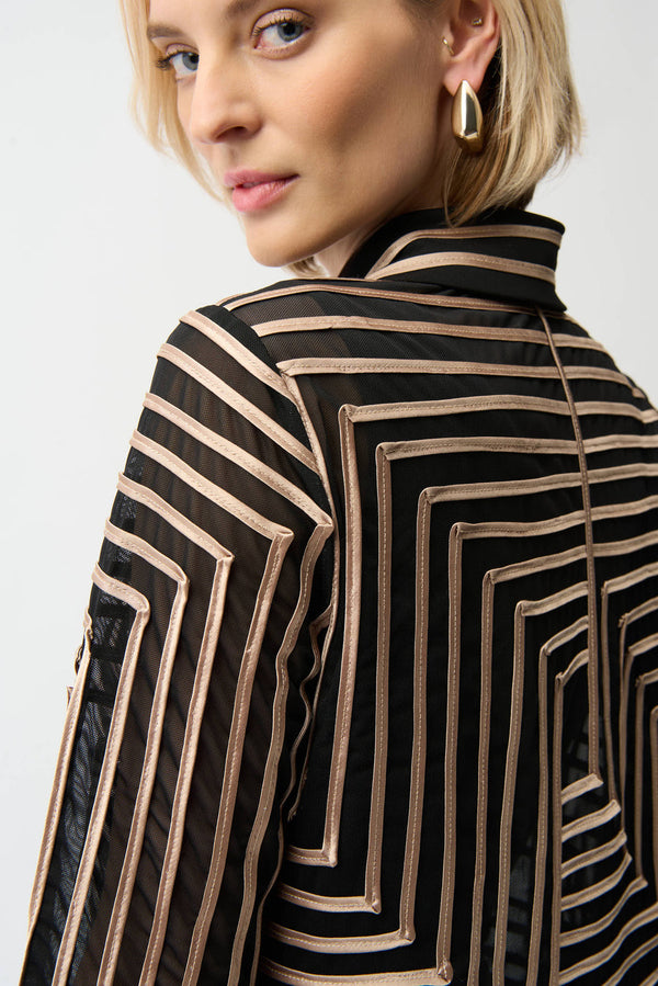 Joseph Ribkoff Satin Soutache LDS jacket - Black/Campagne- Abstract Print