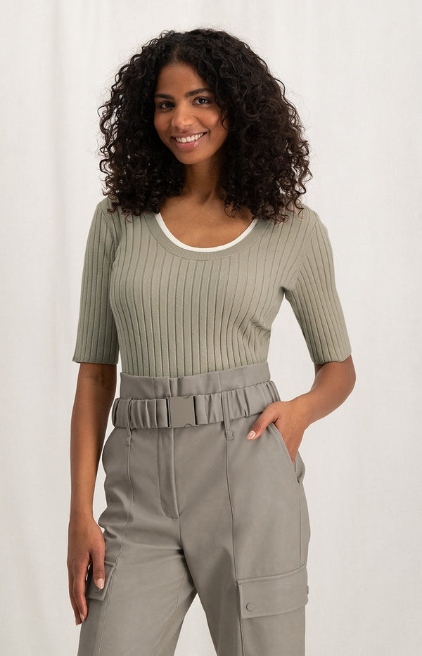 YAYA Round Neck Ribbed Sweater - Aluminium Beige