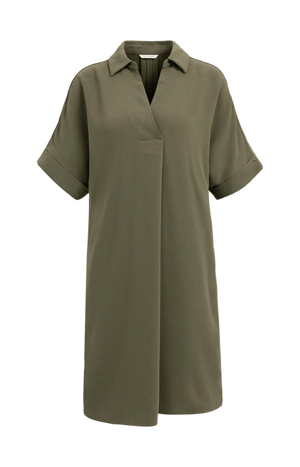 YAYA V-neck Dress with Pleated Sleeves & a Loose Fit - Army Green