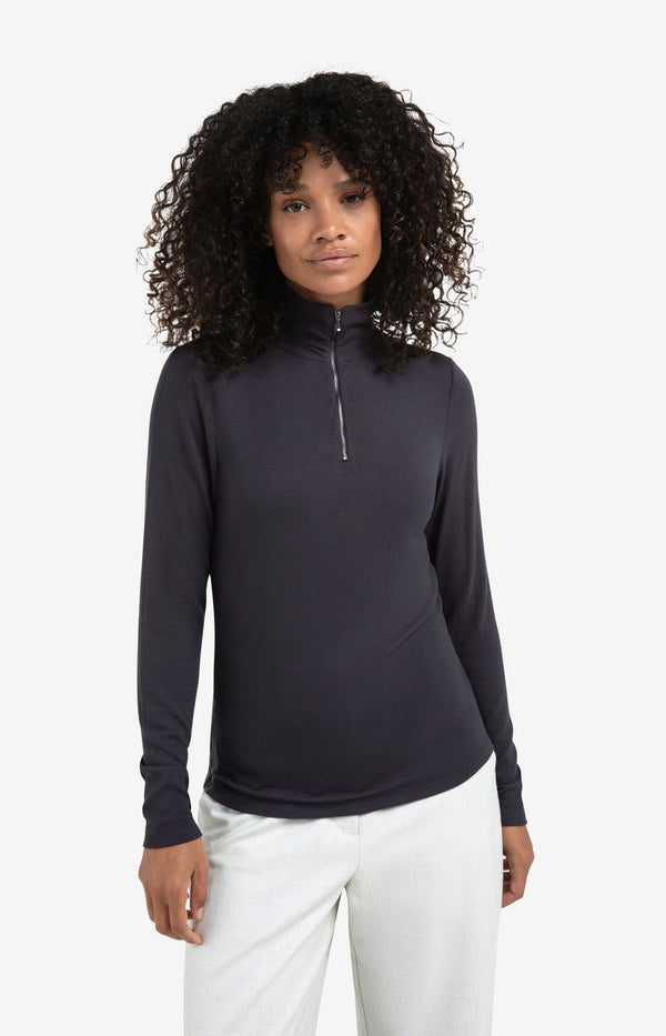 YAYA Ribbed long sleeve top with zip collar- Collegiate Blue