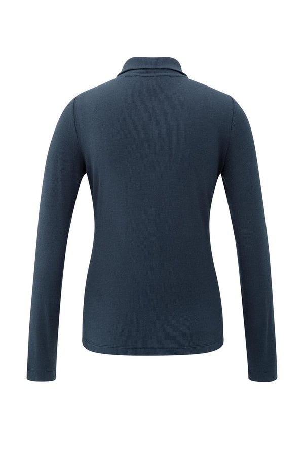 YAYA Ribbed long sleeve top with zip collar- Collegiate Blue