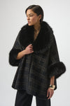 Joseph Ribkoff Jacquard Sweater Knit Faux Fur Accents Cape - Black/Gold