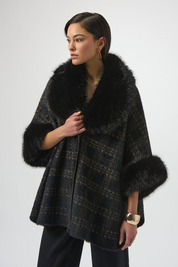 Joseph Ribkoff Jacquard Sweater Knit Faux Fur Accents Cape - Black/Gold