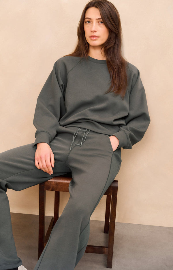 YAYA Wide Leg Jersey Trousers - Dark Night Grey
