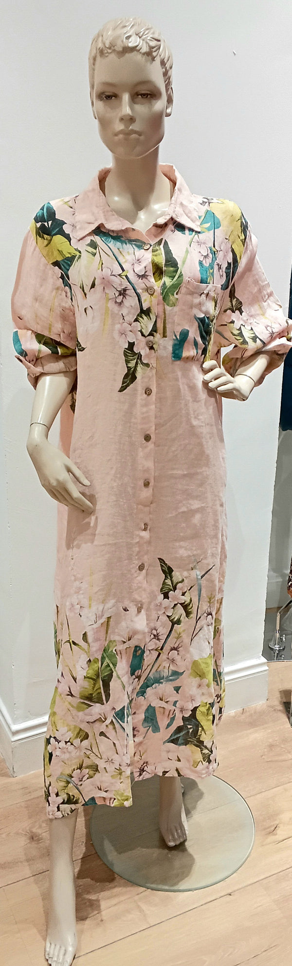 Made in Italy Linen Dress - Floral Spray Pink