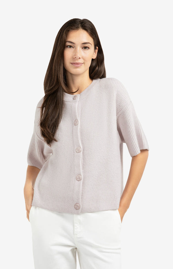 YAYA Knitted cardigan with wide short sleeves and buttons - Gray Lilac Melange