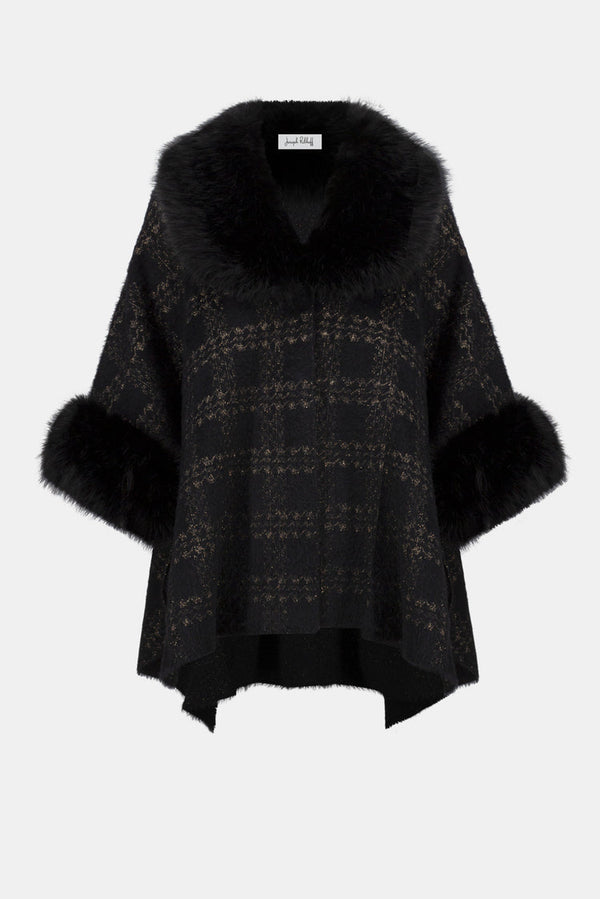 Joseph Ribkoff Jacquard Sweater Knit Faux Fur Accents Cape - Black/Gold