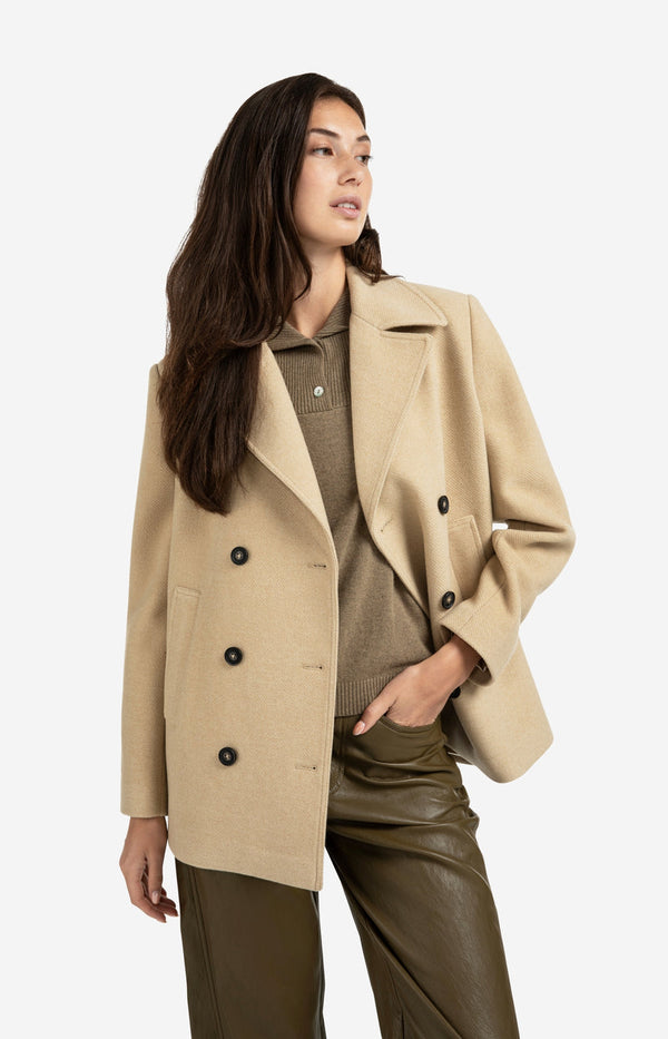 YAYA Woven Double-Breasted Coat- Greenish Sand Beige