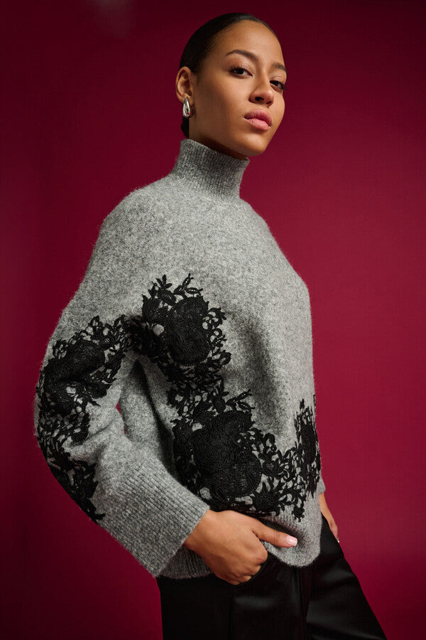 Joseph Ribkoff Relaxed Fit Floral Pullover- Grey/Black