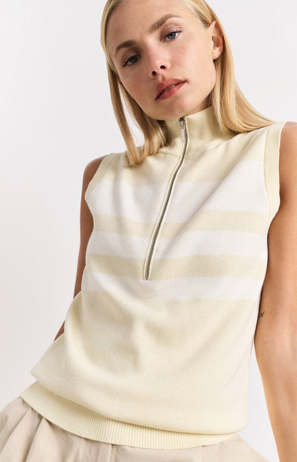 Yaya Sleeveless sweater with block stripes and half-zip-Humus Beige Dressin