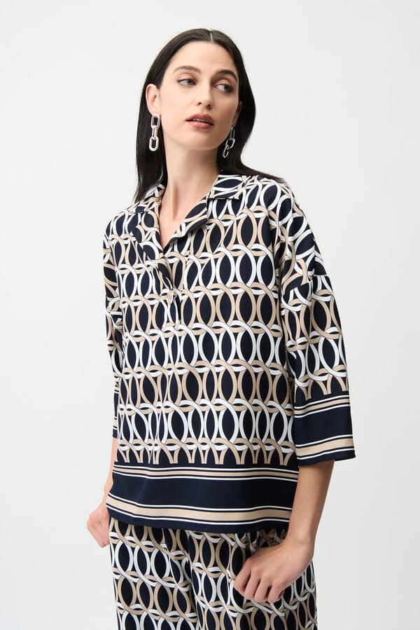 Joseph Ribkoff Geometric Button Closure Shirt-Midnight Blue/Multi