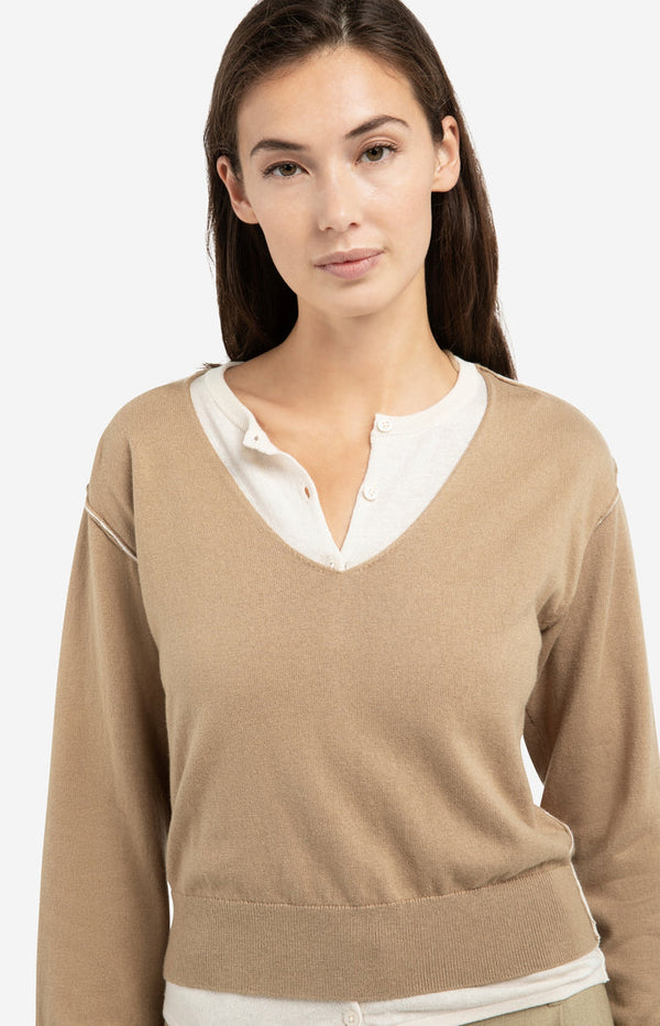 YAYA Sweater with layered look and contrast neckline - Khaki Green Dressin