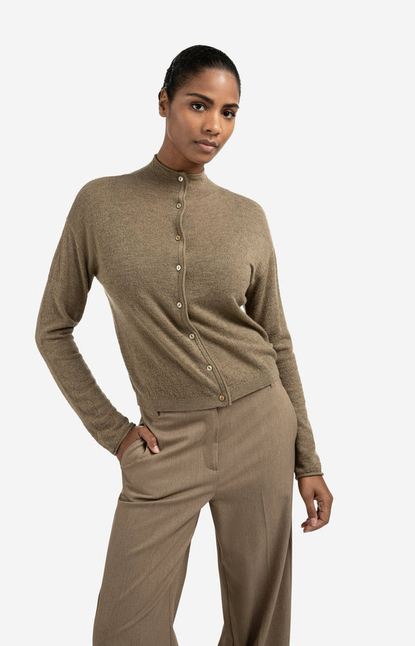 YAYA Knitted High Neck Cardigan - Capers Melange