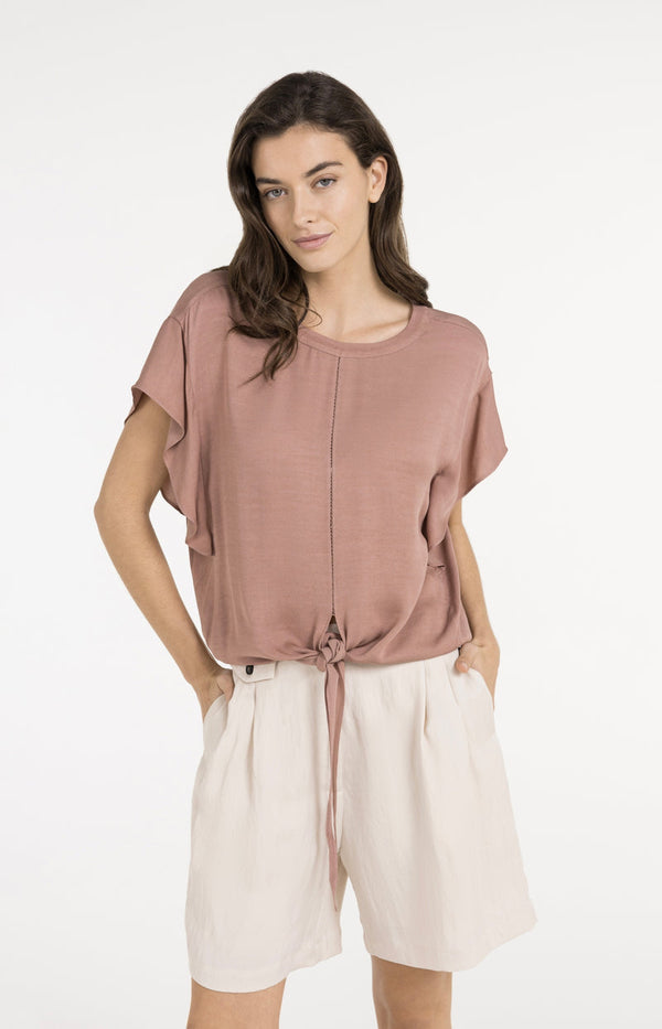 YAYA Flowy Top with Knot Detail & Elastic hem - Burlwood Pink