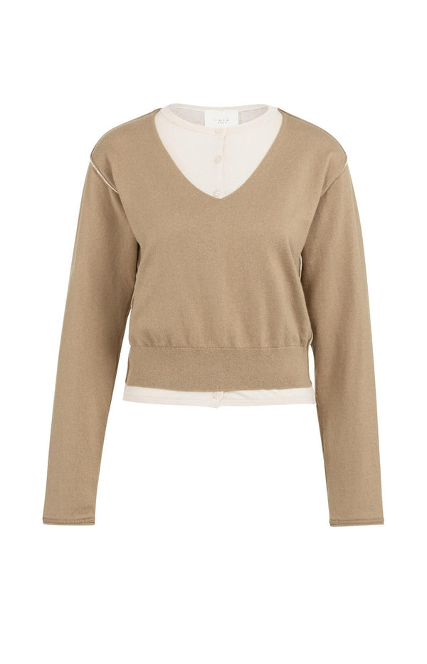 YAYA Sweater with layered look and contrast neckline - Khaki Green Dressin