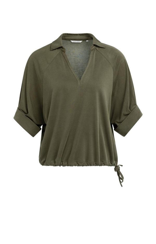 YAYA Jersey Top With Pleated Sleeves - Army Green