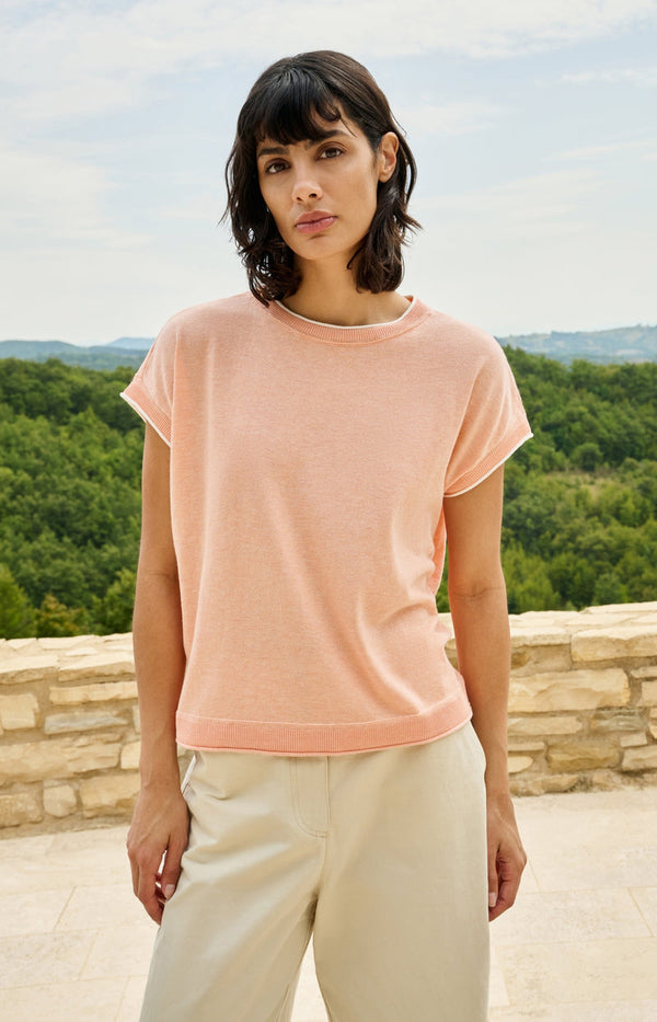 YAYA Short Sleeve Sweater with Stitch Details-Peach Palazzo Orange