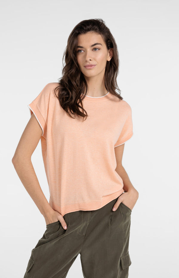 YAYA Short Sleeve Sweater with Stitch Details-Peach Palazzo Orange